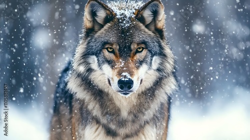 Majestic wolf in snowy winter scene.