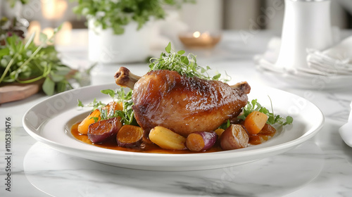 Fototapeta Naklejka Na Ścianę i Meble -  Duck Confit with Orange Gastrique and Root Vegetables, French Bistro Photography