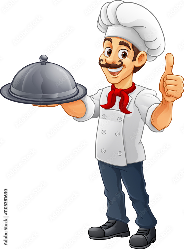 A chef or baker cartoon cook giving thumbs up and holding a platter plate with cloche mascot character illustration A chef or baker cartoon cook giving thumbs up and holding a platter plate with cloche mascot character illustration