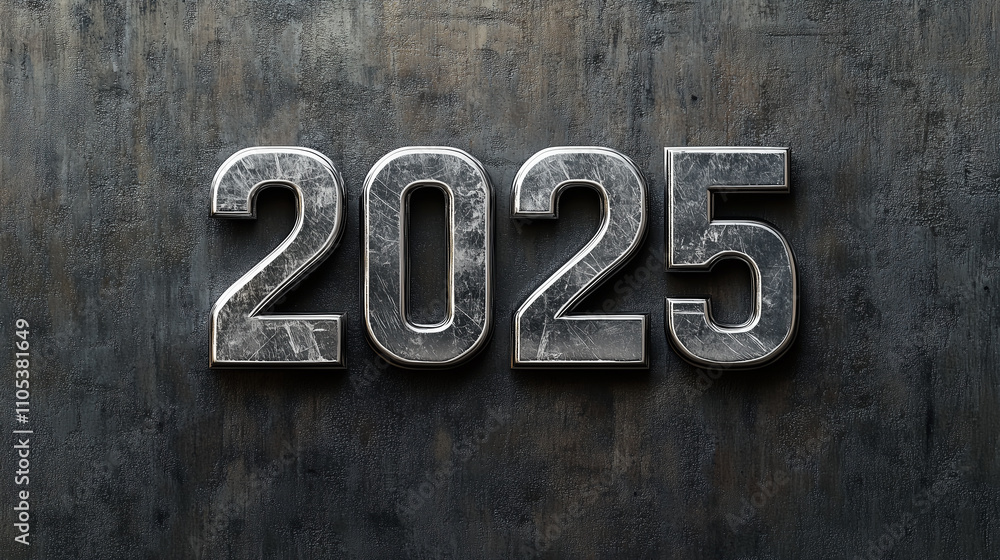 Fototapeta premium Industrial numbers 2025 year made of steel or aluminum. Concept of simple celebration of Happy New Year 2025.