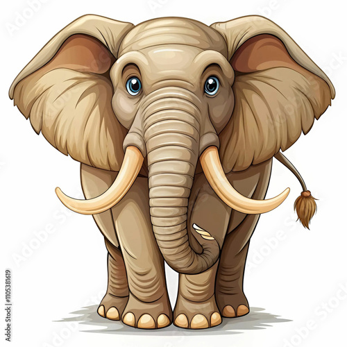A cartoon-style adult elephant with large ivory tusks, characterized