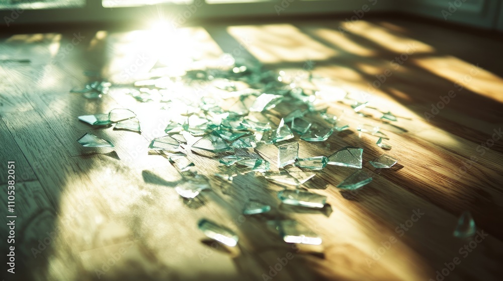 A close-up of shattered glass pieces scattered across a hardwood floor, reflecting sunlight from a nearby window. A close-up of shattered glass pieces scattered across a hardwood floor, reflecting sunlight from a nearby window.