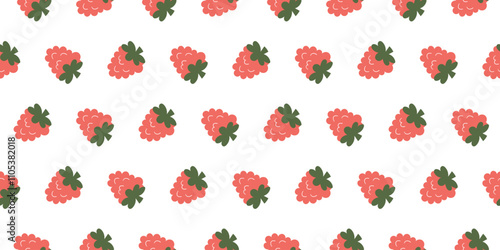 Whimsical seamless pattern adorned with playful raspberry illustrations in a contemporary vector style with flat colors. Evoking a cheerful, child-friendly ambiance, this design is perfect for adding