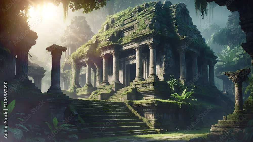 Ancient temple ruins surrounded by lush greenery and misty atmosphere. Ancient temple ruins surrounded by lush greenery and misty atmosphere.