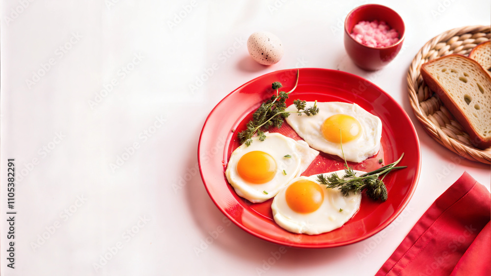 Sunny side eggs with bread and herbs on red plate