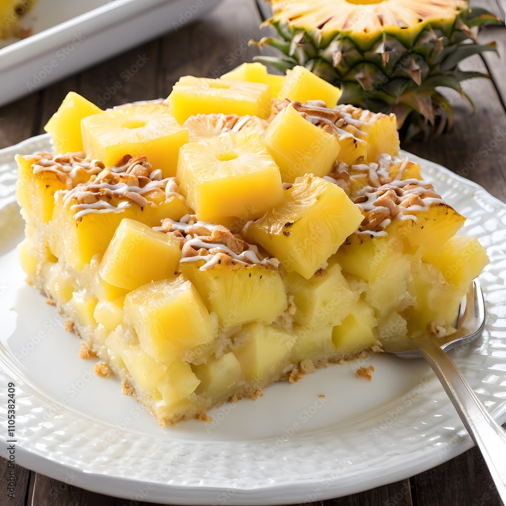 a slice of pineapple cake sits on a plate with a fork. a slice of pineapple cake sits on a plate with a fork.
