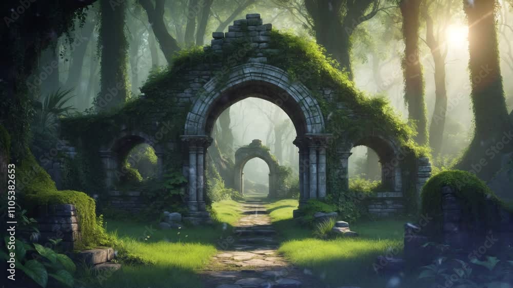 Ancient ruins covered in lush greenery, set in a mystical forest. Ancient ruins covered in lush greenery, set in a mystical forest.