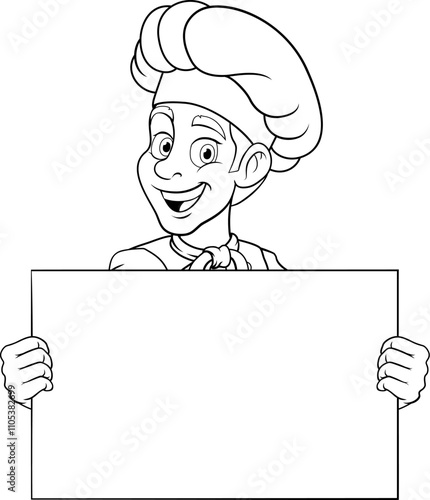 A chef or baker cartoon cook food man mascot character holding a sign or menu board with copy space illustration