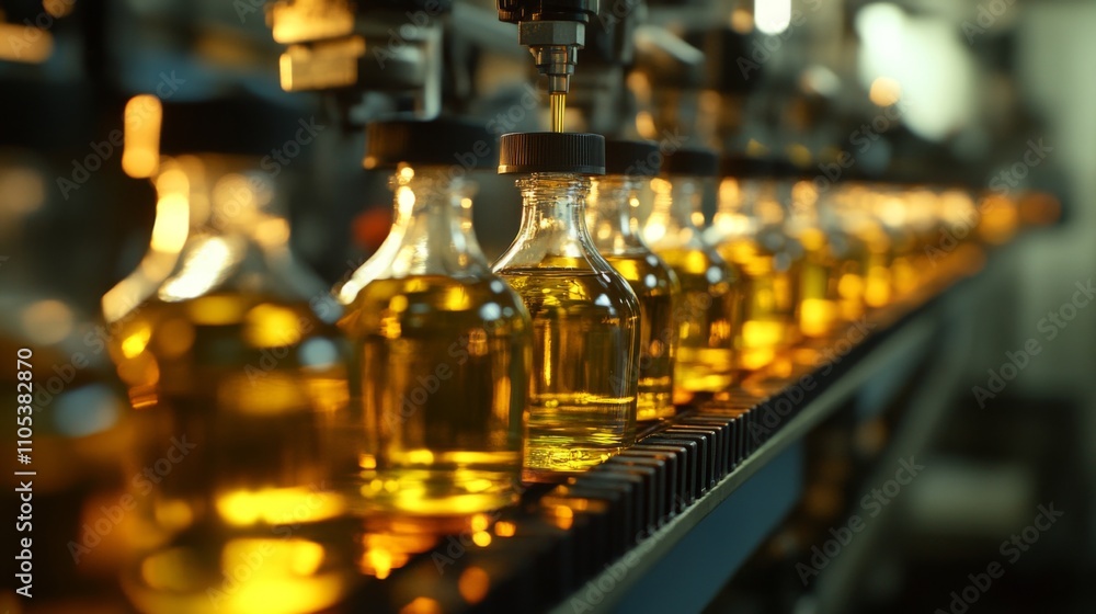 Automated Filling of Glass Bottles with a Yellow Liquid on a Conveyor Belt Automated Filling of Glass Bottles with a Yellow Liquid on a Conveyor Belt