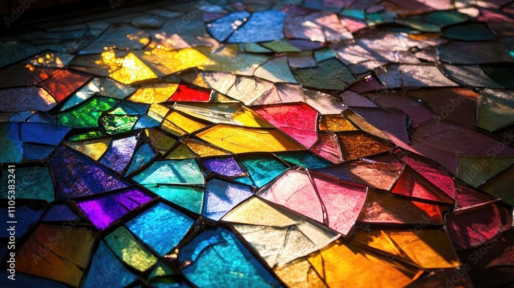 A colorful stained glass window shattered on the floor, with vibrant fragments scattered in an artistic pattern. A colorful stained glass window shattered on the floor, with vibrant fragments scattered in an artistic pattern.