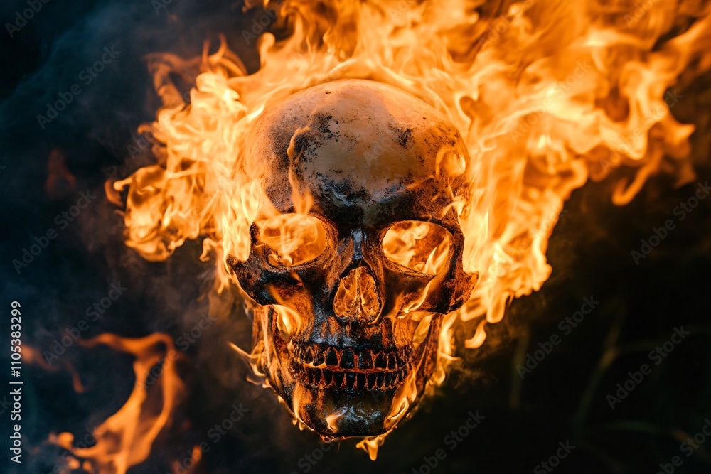 Intense flames engulf a human skull, creating a dramatic and eerie spectacle against a dark backdrop Intense flames engulf a human skull, creating a dramatic and eerie spectacle against a dark backdrop