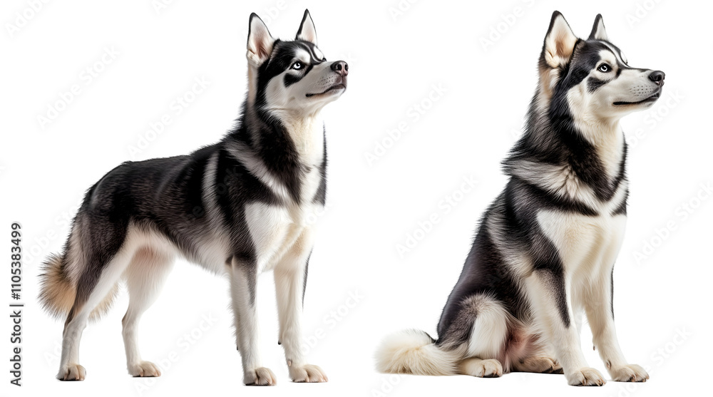 Siberian Huskies with Black and White Coats in Standing and Sitting Poses, cutout, isolated on white background Siberian Huskies with Black and White Coats in Standing and Sitting Poses, cutout, isolated on white background