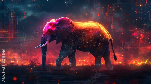 A vibrant digital elephant amidst a cosmic backdrop. photo