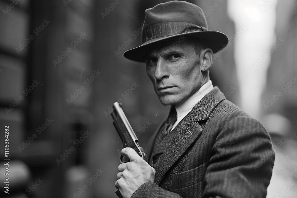 Generative AI Image of Retro Criminal Gangster Aiming Gun in Classic Detective Style Setting Generative AI Image of Retro Criminal Gangster Aiming Gun in Classic Detective Style Setting