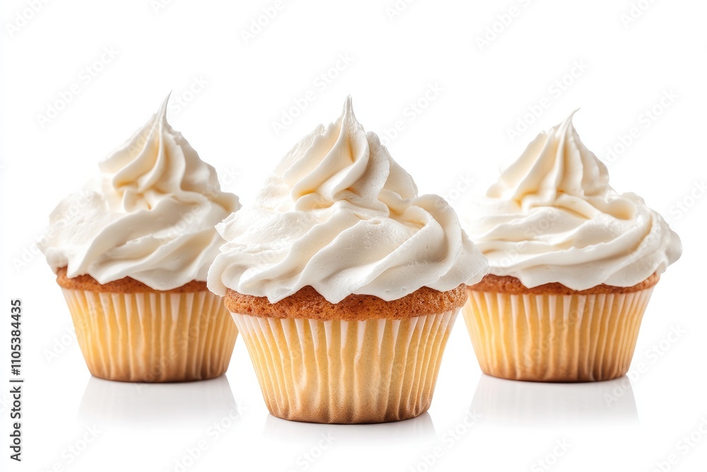 Three Vanilla Cupcakes With Swirled Frosting Three Vanilla Cupcakes With Swirled Frosting
