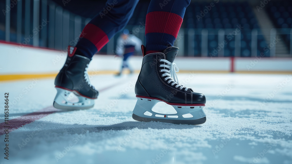Ice Hockey Player. Hockey Skates on Ice Arena Ice Hockey Player. Hockey Skates on Ice Arena
