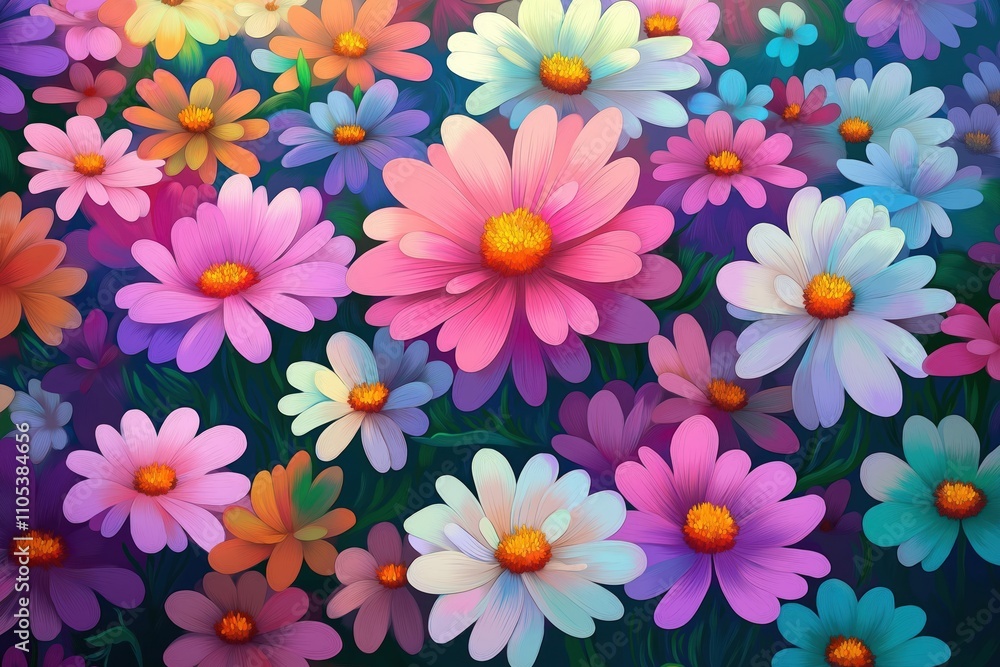 Colorful flowers fill image. Vibrant flower petals create beautiful pattern. Various colors blend together in artistic fashion. Array of colors fills picture in floral design. Many colorful flowers Colorful flowers fill image. Vibrant flower petals create beautiful pattern. Various colors blend together in artistic fashion. Array of colors fills picture in floral design. Many colorful flowers