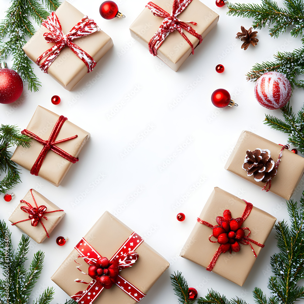 Festive Christmas Gifts with Pine Branches and Ornaments Festive Christmas Gifts with Pine Branches and Ornaments