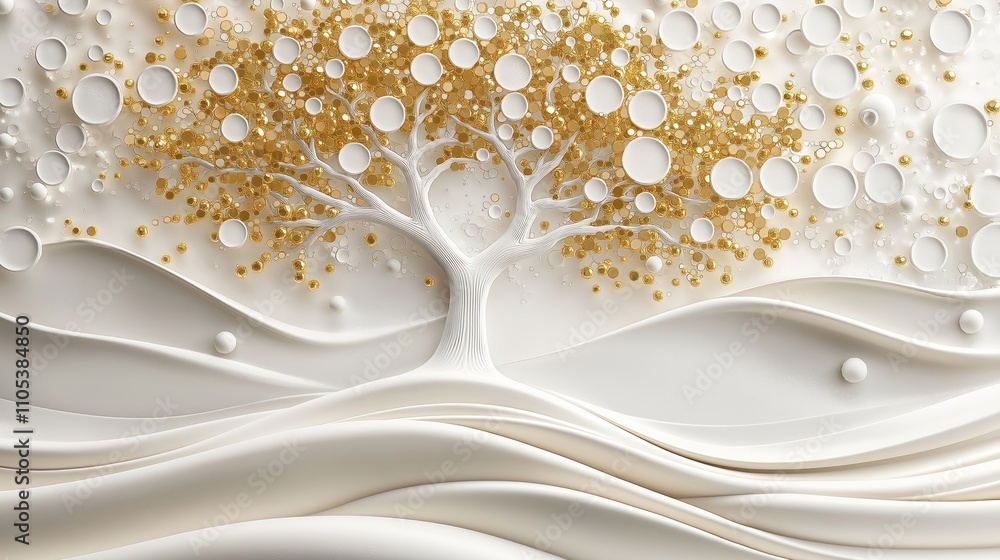 White, gold 3D tree design. Abstract tree with white branches, gold circles, balls. Modern, minimalist art deco style. Elegant, luxurious wall decor. Suitable for home interior design, wallpaper. White, gold 3D tree design. Abstract tree with white branches, gold circles, balls. Modern, minimalist art deco style. Elegant, luxurious wall decor. Suitable for home interior design, wallpaper.