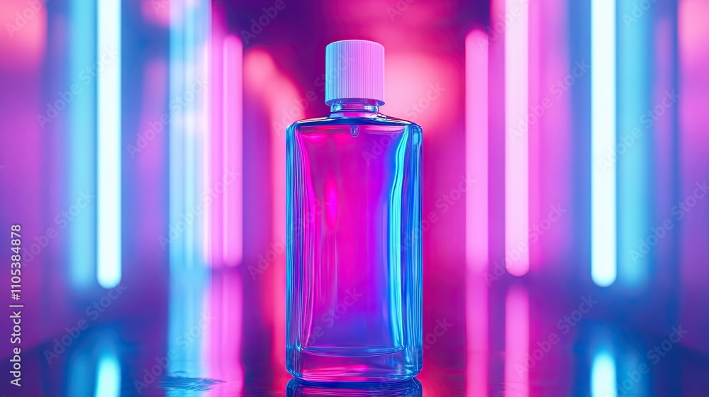 A creative close-up of a bottle of mouthwash held under vibrant neon lighting, giving it a modern feel. A creative close-up of a bottle of mouthwash held under vibrant neon lighting, giving it a modern feel.