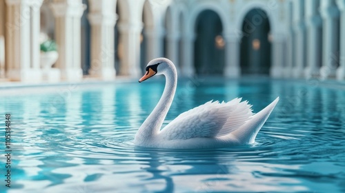 Majestic white swan gracefully floating in turquoise pool water against ornate classical architecture. Dreamy atmosphere with soft lighting perfect for luxury and elegance themes photo