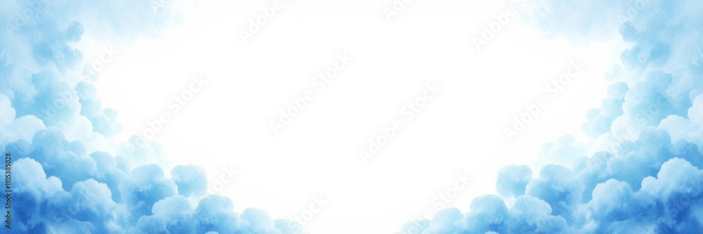Abstract blue background with symmetrical watercolor clouds frame and white glow in the middle, copy space, frame Abstract blue background with symmetrical watercolor clouds frame and white glow in the middle, copy space, frame