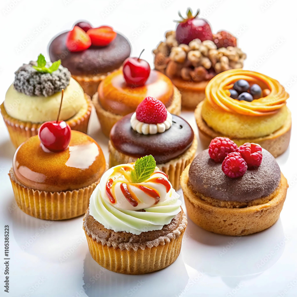 A front view of round, delicious cakes, beautifully decorated, showcasing A front view of round, delicious cakes, beautifully decorated, showcasing