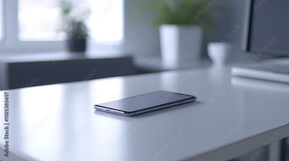 A sleek smartphone rests on a minimalist white desk, bathed in soft, natural light. The calm scene suggests productivity and serenity. A sleek smartphone rests on a minimalist white desk, bathed in soft, natural light. The calm scene suggests productivity and serenity.