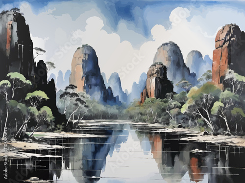 watercolor landscape with river and rocks vector painting