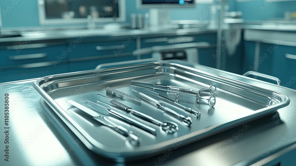 Sterile surgical instruments gleam on a stainless steel tray in a modern operating room. The cool, blue tones create a clinical atmosphere. Sterile surgical instruments gleam on a stainless steel tray in a modern operating room. The cool, blue tones create a clinical atmosphere.