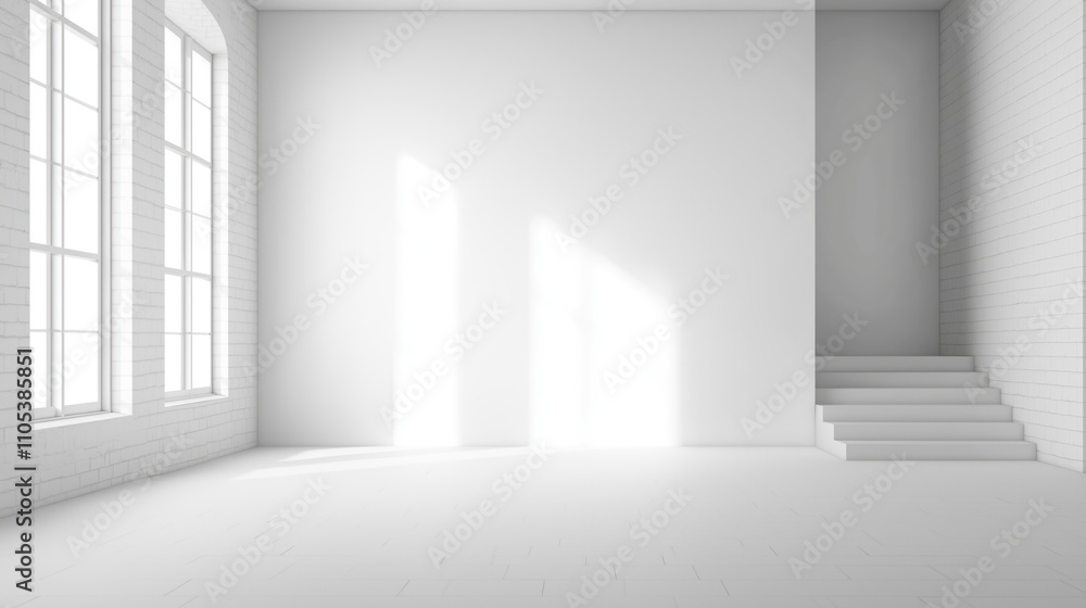 Obraz premium Empty white room mockup with large windows, stairs. Simple design for product display render. Modern style interior suitable for architectural visualization design portfolio. Blank space suitable for