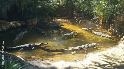 A crocodile farm's water enclosure with multiple crocodiles swimming and sunbathing along the banks.