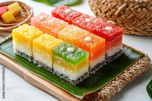 Colorful layered dessert squares arranged neatly on a leaf photo