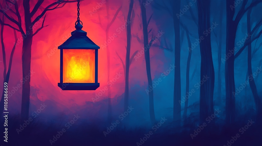 Mystical Forest Night Scene Hanging Lantern Trees Fog Sunset Mystical Forest Night Scene Hanging Lantern Trees Fog Sunset