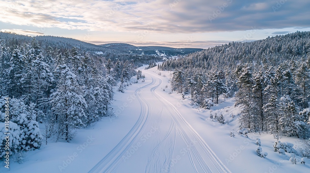 Winter landscape showcasing a snow-covered pathway through a serene forest Winter landscape showcasing a snow-covered pathway through a serene forest