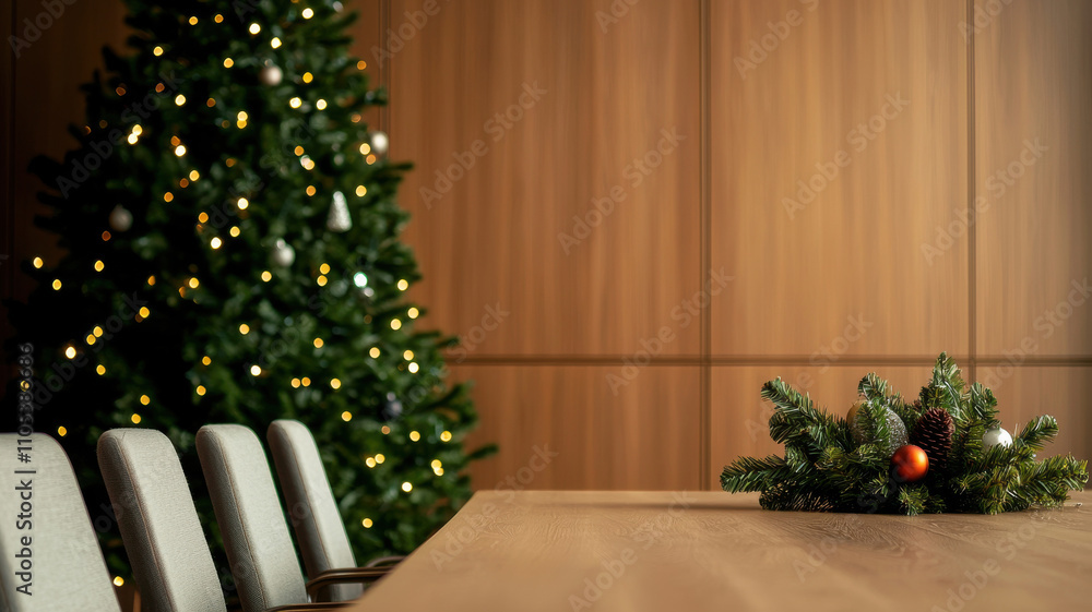 festive conference room with large table and Christmas tree festive conference room with large table and Christmas tree