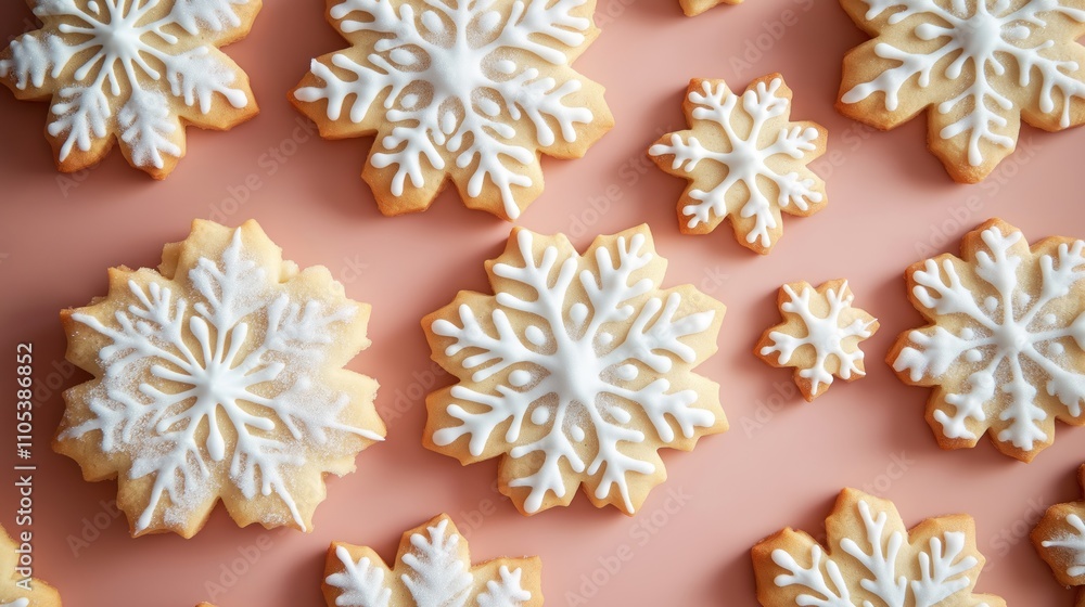 Overhead view of snowflake sugar cookies on solid pink background. Decorated cookies arranged in different sizes, positions. Cookies intricate white icing snowflake designs. Festive, delicious treat. Overhead view of snowflake sugar cookies on solid pink background. Decorated cookies arranged in different sizes, positions. Cookies intricate white icing snowflake designs. Festive, delicious treat.