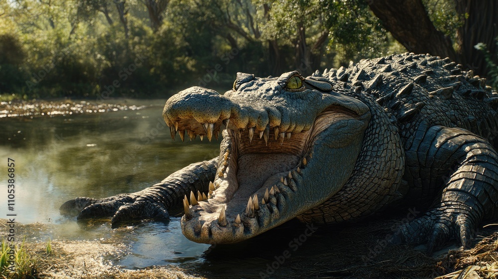 Obraz premium A crocodile with its mouth open, showing sharp teeth, resting near a pond in a controlled farm habitat.