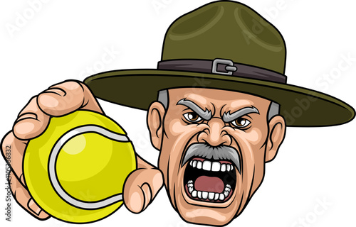An angry drill instructor or sergeant bootcamp army soldier cartoon character holding tennis ball sports team mascot illustration.