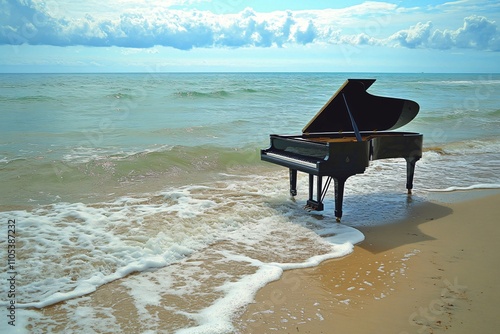 Black grand piano standing on a sandy beach with ocean waves gently lapping around its legs, creating a surreal and artistic scene