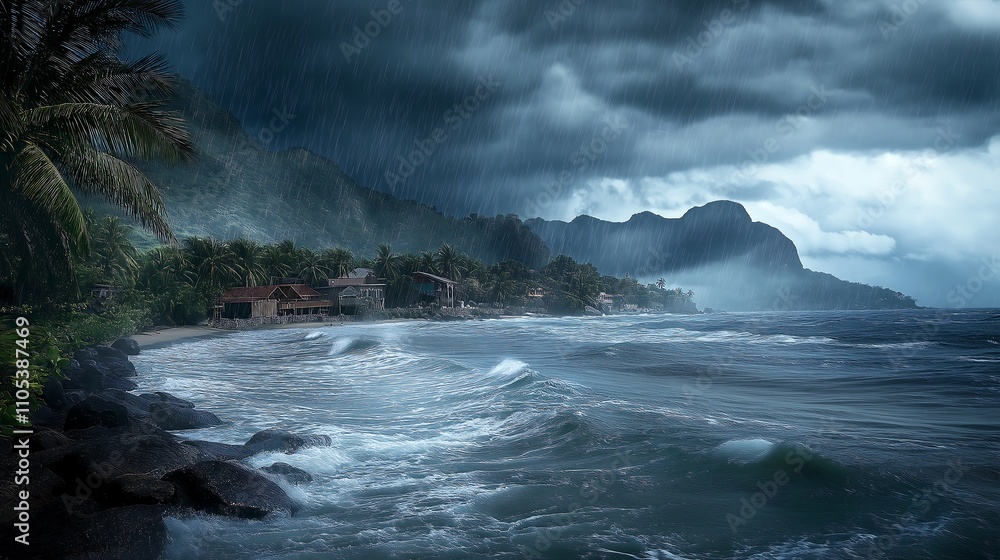 Tropical storm approaching a coastal town, stormy weather, heavy rain and wind.