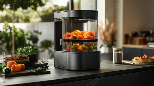 Black Kitchen Appliance with Sliced Vegetables