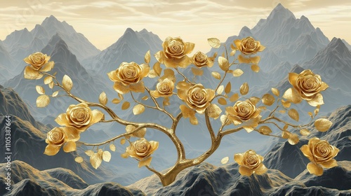 Majestic golden roses bloom on stylized tree against backdrop of mountains. Detailed 3D mural style. Golden tones and grey mountains create sophisticated look. Ideal for luxury wallpaper or murals.