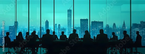 A group of business people sitting in a meeting room with a city view behind them
