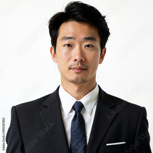 Photograph of an Asian man with short black hair, in a dark suit, white shirt, and dark tie, against a white background.