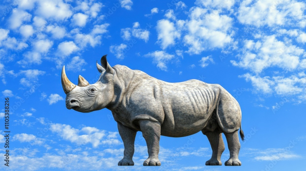 Fototapeta premium Photorealistic rhinoceros against a bright blue sky, emphasizing its powerful build