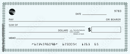Blank bank check, checkbook cheque template or money payment paper voucher, vector mockup. Business or personal account cash pay cheque certificate or paycheck coupon from checkbook