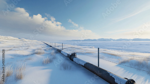 Wallpaper Mural A winter oil pipeline stretching across snowy plains with a frozen lake in the distance. Torontodigital.ca