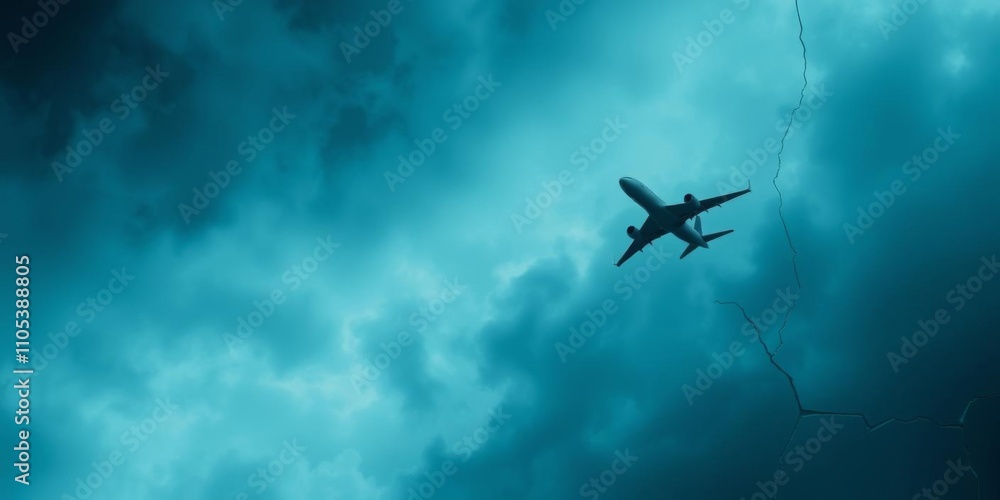 Naklejka premium An eerie blue background with a fracture running through the middle of a wall, contrasting with a serene sky backdrop featuring a plane flying overhead, aviation, background