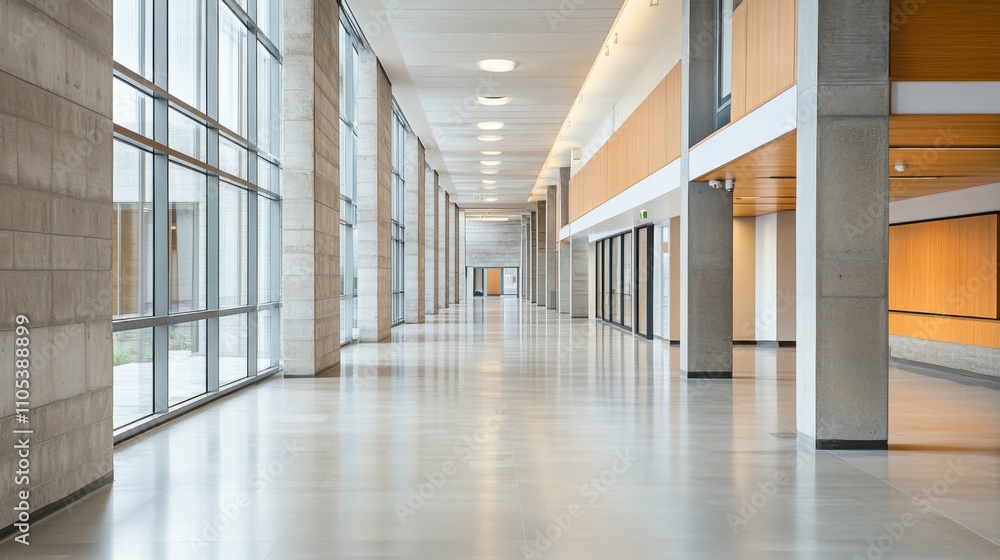Wide hallway in a modern building with bright natural light, sleek and minimalist design, concept of open spaces and architectural elegance.